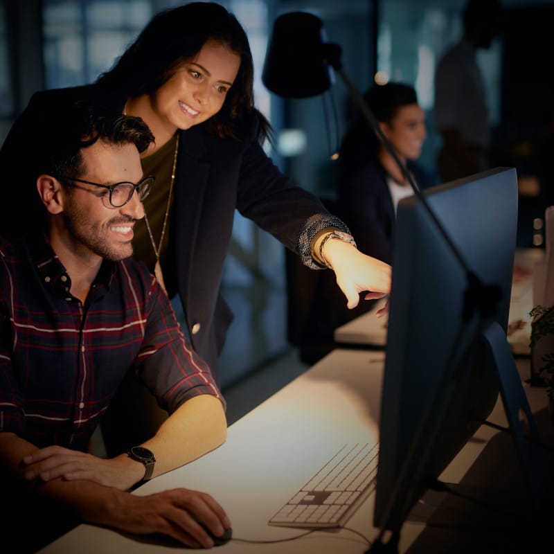 A man and a woman use interactive content