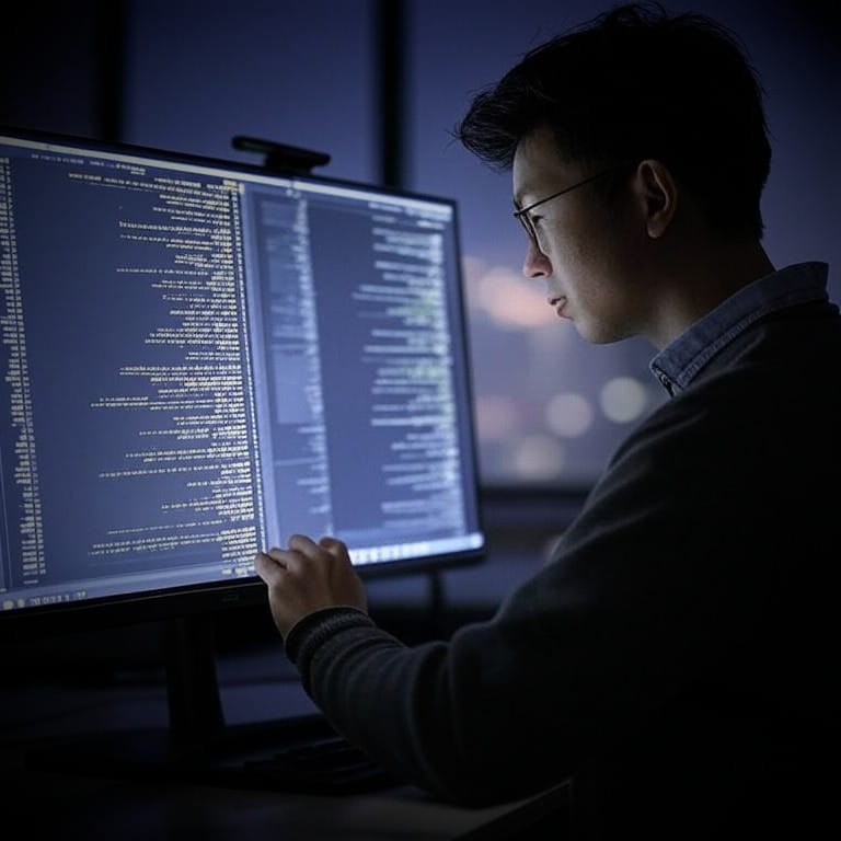 A web developer scanning code for bugs