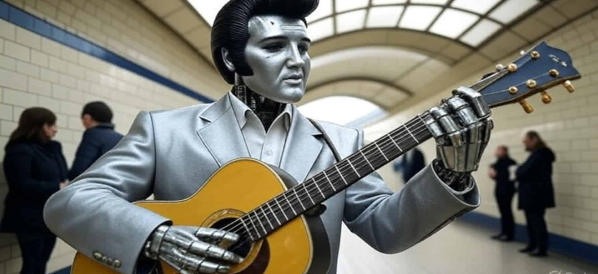 An AI robot Elvis Presley busking at London Charing Cross.