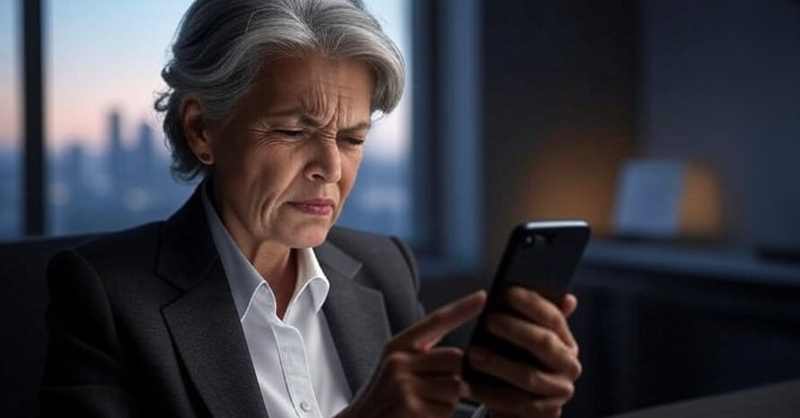 An older woman struggles to read a site on her phone due to a lack of white space in web design.