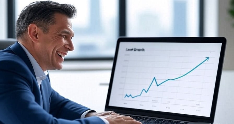 A businessman laughs as he turns his website visitors into leads.