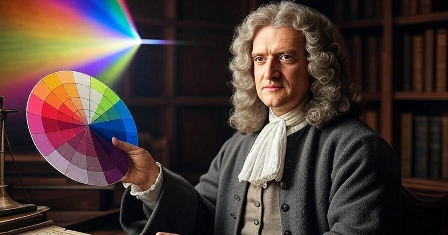 Long before colour theory in web design, Sir Isaac Newtom holds up his famous colour wheel.