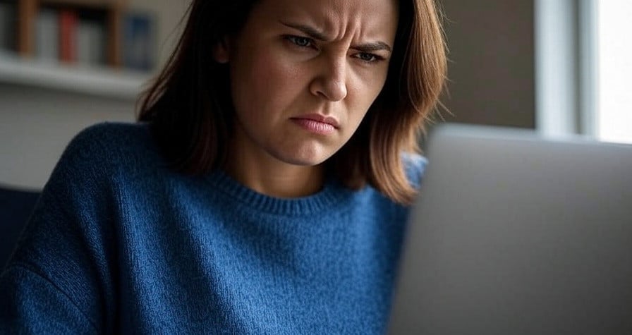 A woman shows frustration dealing with a site in need of non-hierarchical web design.